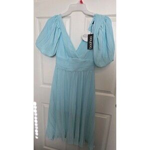 Boohoo Dress Sz 6 Pastel Blue Cinched Waist Puffy Sleeves Lined Polyester NWT